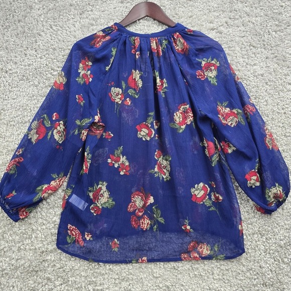 Lucky Brand Floral Sheer Tassel Blouse Womens Small‎ Blue Boho Airy Popover Top - Picture 9 of 13